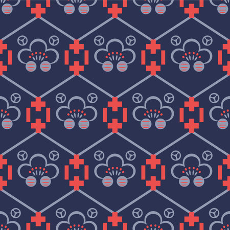 Japanese Geometric Flower Motif Net Vector Seamless Patternのイラスト素材
