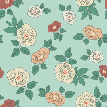 Japanese Romantic Flower Leaf Vector Seamless Patternのイラスト素材