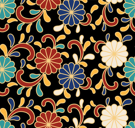 Japanese Circle Flower Curl Leaf Vector Seamless Patternのイラスト素材