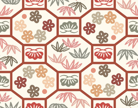 Japanese Octagon Flower Mosaic Vector Seamless Patternのイラスト素材