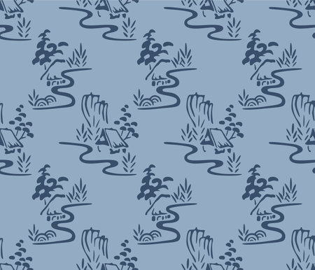 Japanese River Village Mountain Motif Vector Seamless Patternのイラスト素材