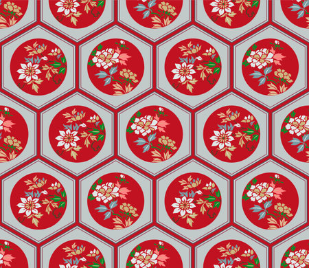 Japanese Luxury Flower Hexagon Vector Seamless Patternのイラスト素材