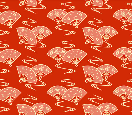 Japanese Hand Fan Motif Vector Seamless Patternのイラスト素材