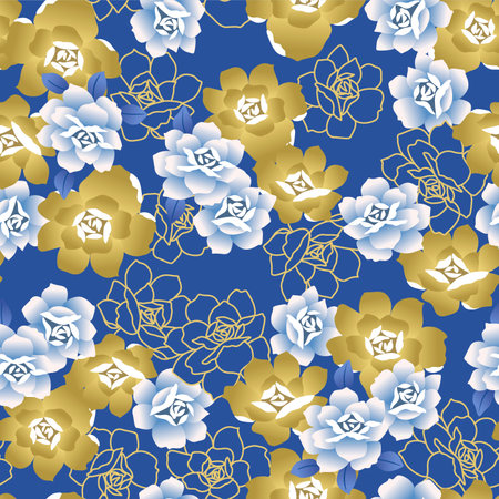 Japanese Rose Bloom Vector Seamless Patternのイラスト素材