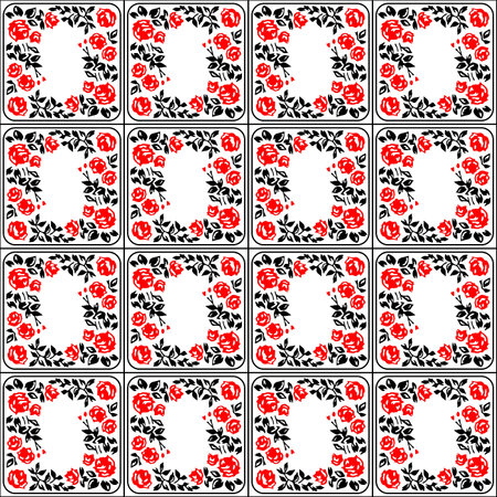 Japanese Rose Vine Square Frame Vector Seamless Patternのイラスト素材