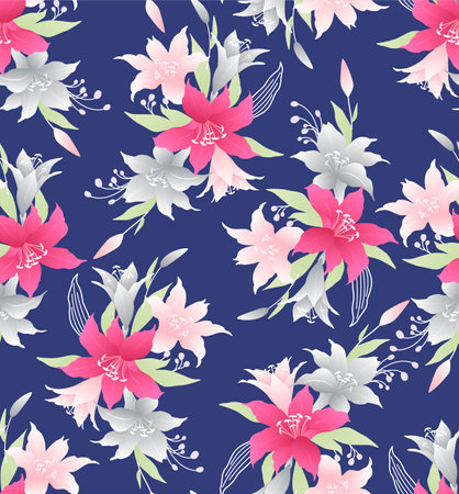 Japanese Sweet Lily Bouquet Vector Seamless Patternのイラスト素材