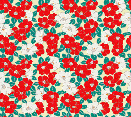 Japanese Red Classic Flower Leaf Vector Seamless Patternのイラスト素材