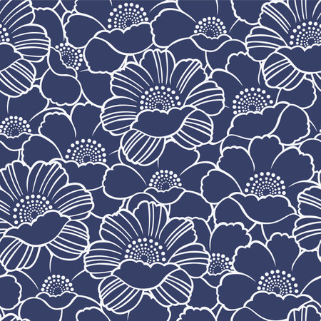 Japanese Overlap Flower Line Vector Seamless Patternのイラスト素材
