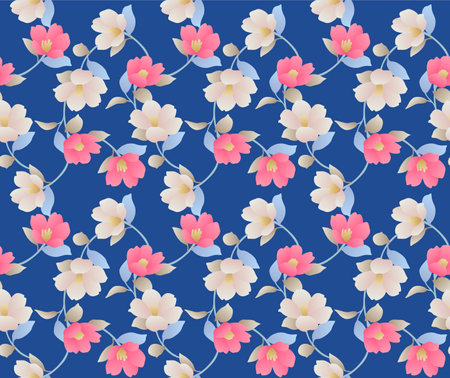 Japanese Pretty Bloom Vector Seamless Patternのイラスト素材