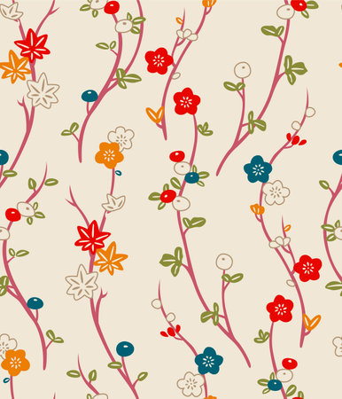 Japanese Swirl Flower Branch Line Vector Seamless Patternのイラスト素材