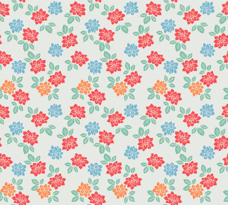 Japanese Colorful Garden Flower Leaf Vector Seamless Patternのイラスト素材