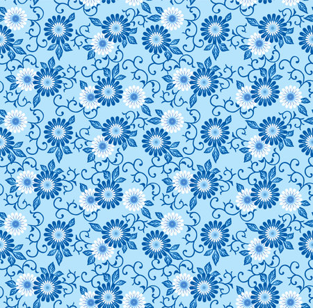 Japanese Circle Flower Curl Vine Vector Seamless Patternのイラスト素材