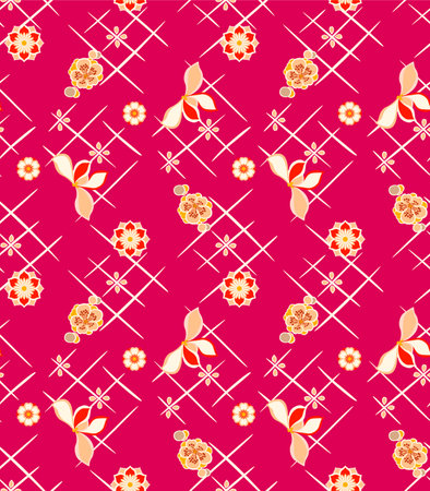 Japanese Flower Diamond Cross Line Vector Seamless Patternのイラスト素材