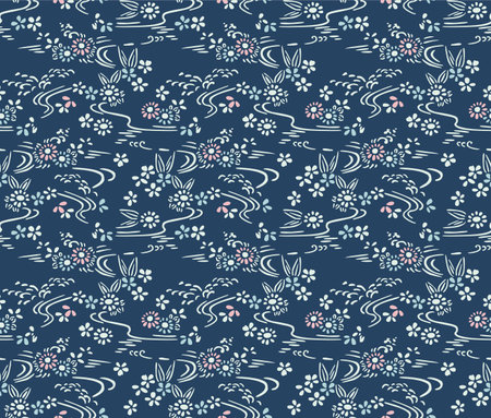 Japanese Flower Swirl River Vector Seamless Patternのイラスト素材