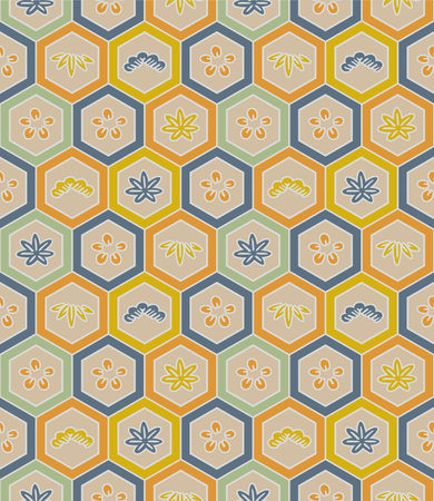 Japanese Flower Leaf Motif Hexagon Vector Seamless Patternのイラスト素材