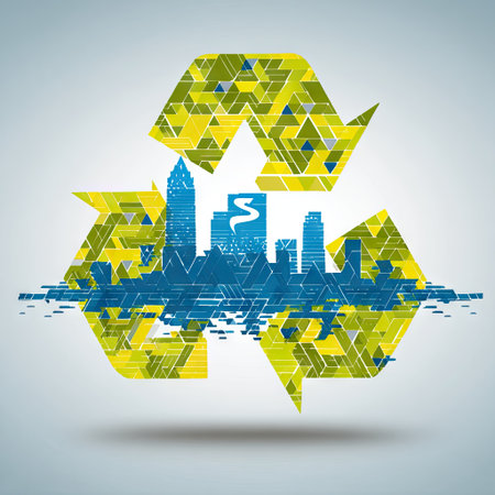 Creative illustration blending geometric patterns with a recycle symbol, showcasing an urban skyline to highlight sustainability and eco-friendly concepts.の素材