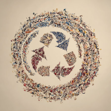 This image features a unique, artistic representation of the recycling symbol made from colorful paper scraps, highlighting the importance of sustainability and creativity in eco-friendly practices.の素材