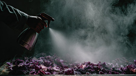 A handheld sprayer releases a fine mist over delicate dried purple petals, creating an atmospheric scene filled with soft smoke, ideal for relaxation themes.の素材
