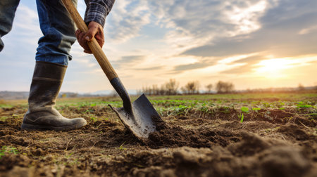 A farmer using a shovel to dig soil in an agricultural field as the sun sets beautifully on the horizon. Capture the essence of rural life and farming.の素材