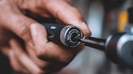 A close-up image of a hand gripping a precision tool, focusing on a screwdriver bit in a workshop setting. Highlighting craftsmanship and maintenance skills.の素材