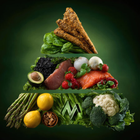 This artistic food pyramid showcases a vibrant composition of vegetables, fish, seafood, berries, and nuts, emphasizing healthy eating and nutrition.の素材