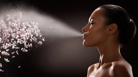 A stunning profile of a woman exhaling delicate flower petals, symbolizing beauty and serenity. The soft light and artistic approach create an ethereal atmosphere.の素材
