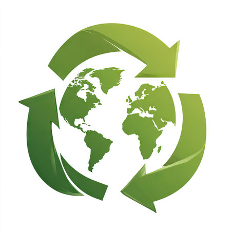 This image depicts a stylized green globe surrounded by recycle arrows, symbolizing environmental sustainability and ecological awareness in modern society.の素材