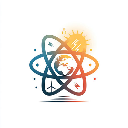 This abstract illustration showcases Earth within an atom framework, complemented by sun and lightning elements. It symbolizes science, energy, and sustainability in a modern artistic style.の素材