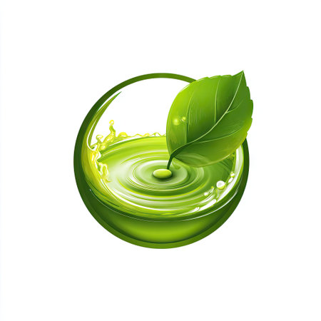 This vibrant illustration features a green leaf resting in a circular splash of water, symbolizing nature and sustainability. Perfect for eco-friendly designs.の素材
