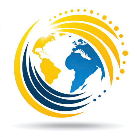 This striking abstract design features a globe encircled by dynamic swirling waves in blue and yellow, symbolizing global connectivity and innovation.の素材