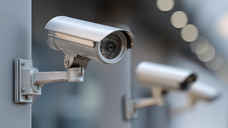 A close-up view of modern security cameras mounted on a surface, highlighting technology used for surveillance and safety in urban areas.の素材