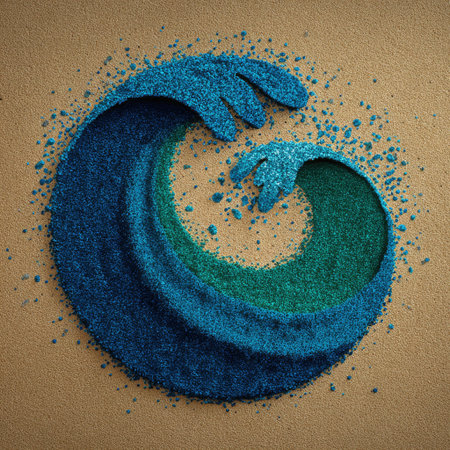 This captivating sand art features a dynamic wave design created with vibrant blue and teal particles on a soft sandy background. Perfect for evoking coastal vibes.の素材