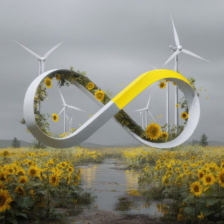 This imaginative stock photo illustrates an infinity symbol intertwined with sunflowers, symbolizing sustainability and renewable energy, with wind turbines in the background.の素材