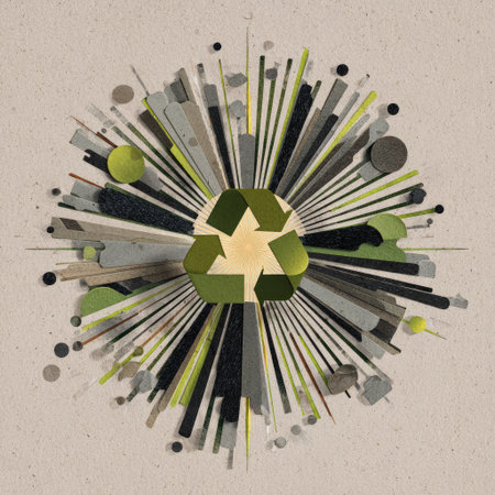 This captivating abstract design features a recycle symbol surrounded by dynamic lines and shapes in green and earthy tones, representing sustainability.の素材