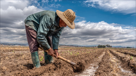 A dedicated farmer works meticulously in the rich soil of an agricultural field, using a hoe to prepare the land. A dramatic sky overhead enhances the rural landscape.の素材