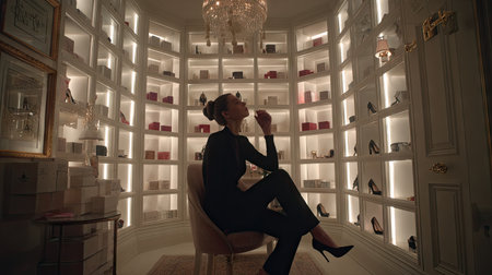 A stylish woman sits thoughtfully in an elegant shoe closet, surrounded by an array of high heels and chic decor, evoking luxury and fashion.の素材