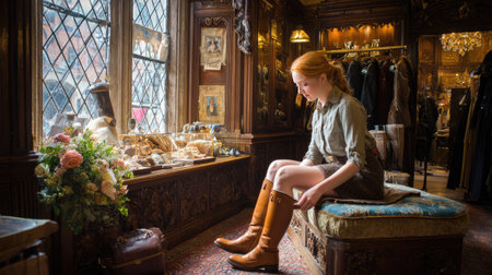 A young woman immersed in the experience of trying on brown leather boots in a vintage shop filled with charming antique treasures and stylish accessories.の素材