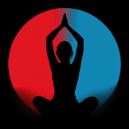 This striking image features a silhouette of a person meditating in a serene posture, framed by a vibrant circular background in red and blue tones.の素材