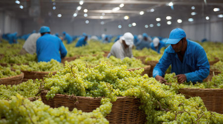A group of workers dressed in blue outfits diligently harvest and sort fresh green grapes in a spacious warehouse environment. The image captures the essence of agricultural labor, emphasizing teamwork and the meticulous process involved in preparing produce for market.の素材