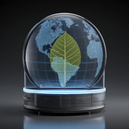 A captivating representation of global sustainability, showcasing a glass dome with a globe and green leaf, symbolizing the harmony between technology and nature.の素材