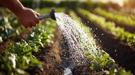 A hand waters a flourishing vegetable garden using a hose in a bright, sunlit setting, illustrating the importance of nurturing plants for growth and sustainability.の素材