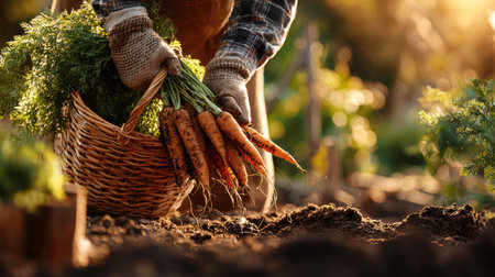 A person bends down to harvest fresh carrots from the soil, holding a woven basket filled with bright orange vegetables in a sunlit garden.の素材