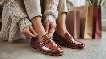 A woman adjusts her stylish brown leather loafers while seated in a cozy indoor space, surrounded by shopping bags, embodying trendy fashion and comfort.の素材