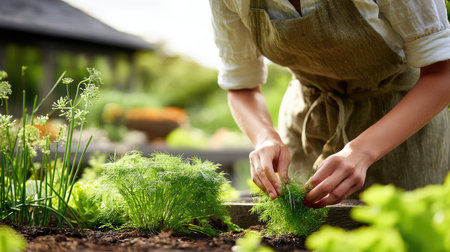 A woman carefully harvests fresh herbs from a vibrant vegetable garden, showcasing her dedication to gardening and sustainable practices. Natural light enhances the serene outdoor atmosphere.の素材