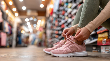 A woman sits in a colorful retail store tying her pink sports shoes, surrounded by a warm and inviting shopping atmosphere. Ideal for lifestyle and fashion themes.の素材