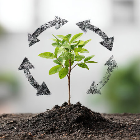 This image features a young green plant symbolizing growth and sustainability, surrounded by recycle arrows that emphasize eco-friendly practices and solutions.の素材