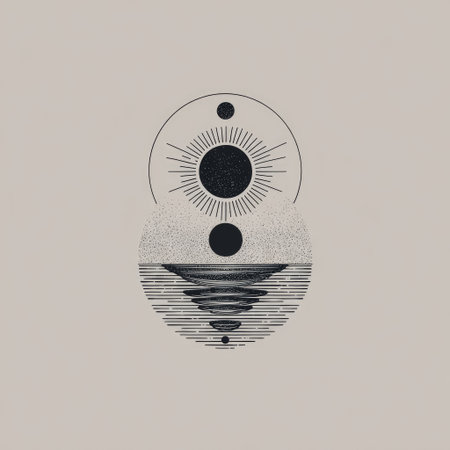 This abstract cosmic illustration features celestial bodies and layered circular patterns in a minimalistic design, evoking a sense of harmony and tranquility.の素材