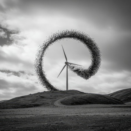 This stunning black and white image captures a wind turbine surrounded by a flock of birds creating a mesmerizing spiral pattern in the sky.の素材