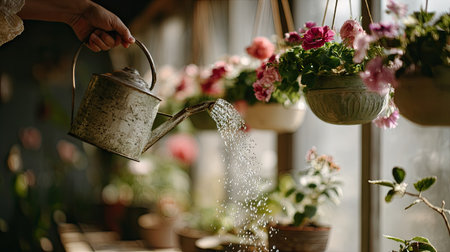 A serene moment captured in a vibrant indoor garden where a person waters beautifully arranged flower pots, enhancing the lush greenery and colorful petals.の素材