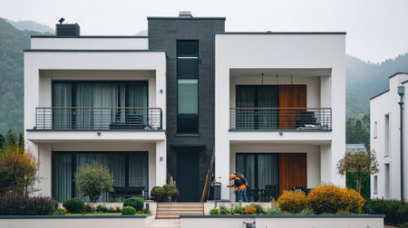 This image captures a striking modern house design with clean lines, a minimalist aesthetic, and a welcoming atmosphere nestled against a serene mountain backdrop.の素材